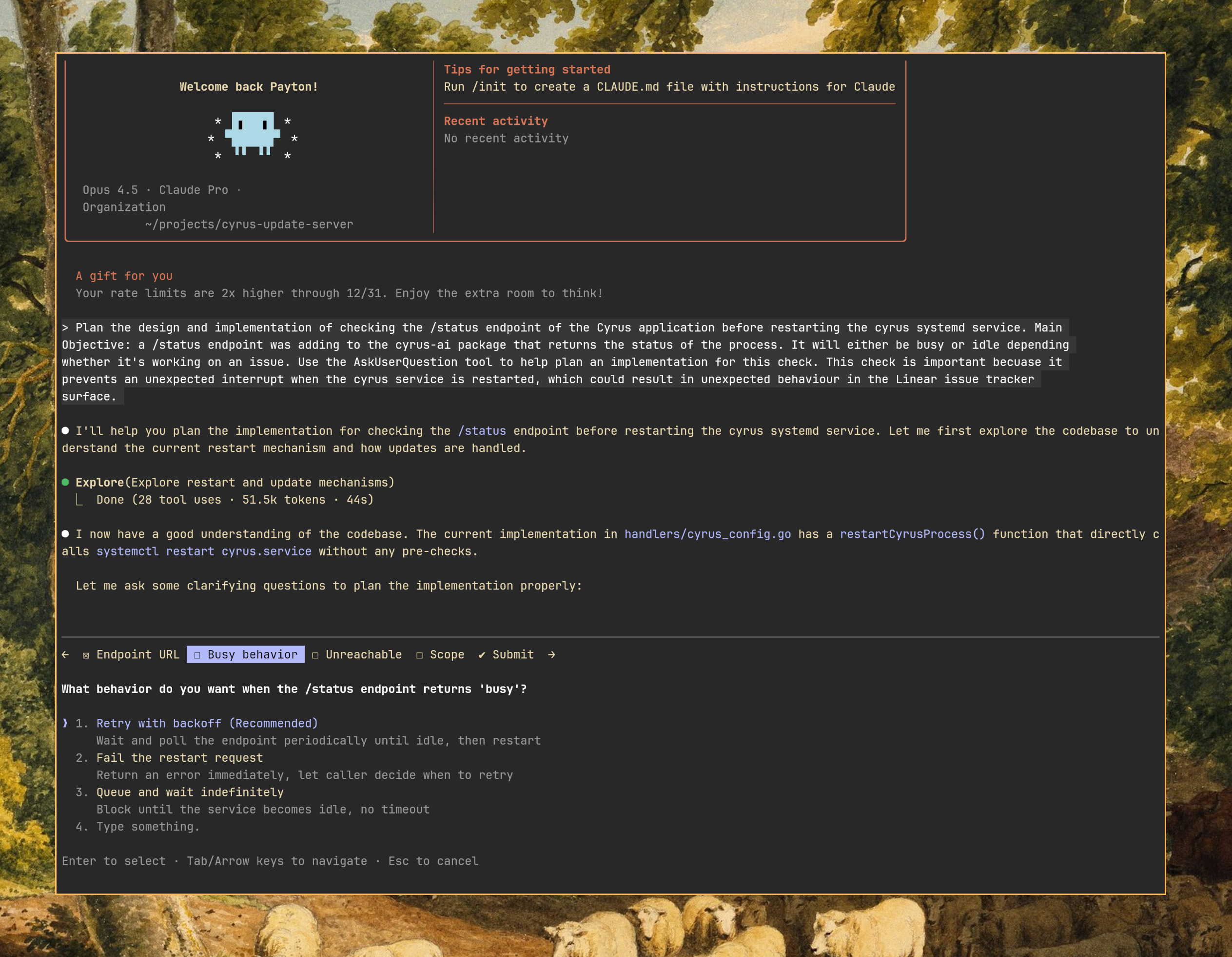 Claude Code CLI showing AskUserQuestion tool with multiple options