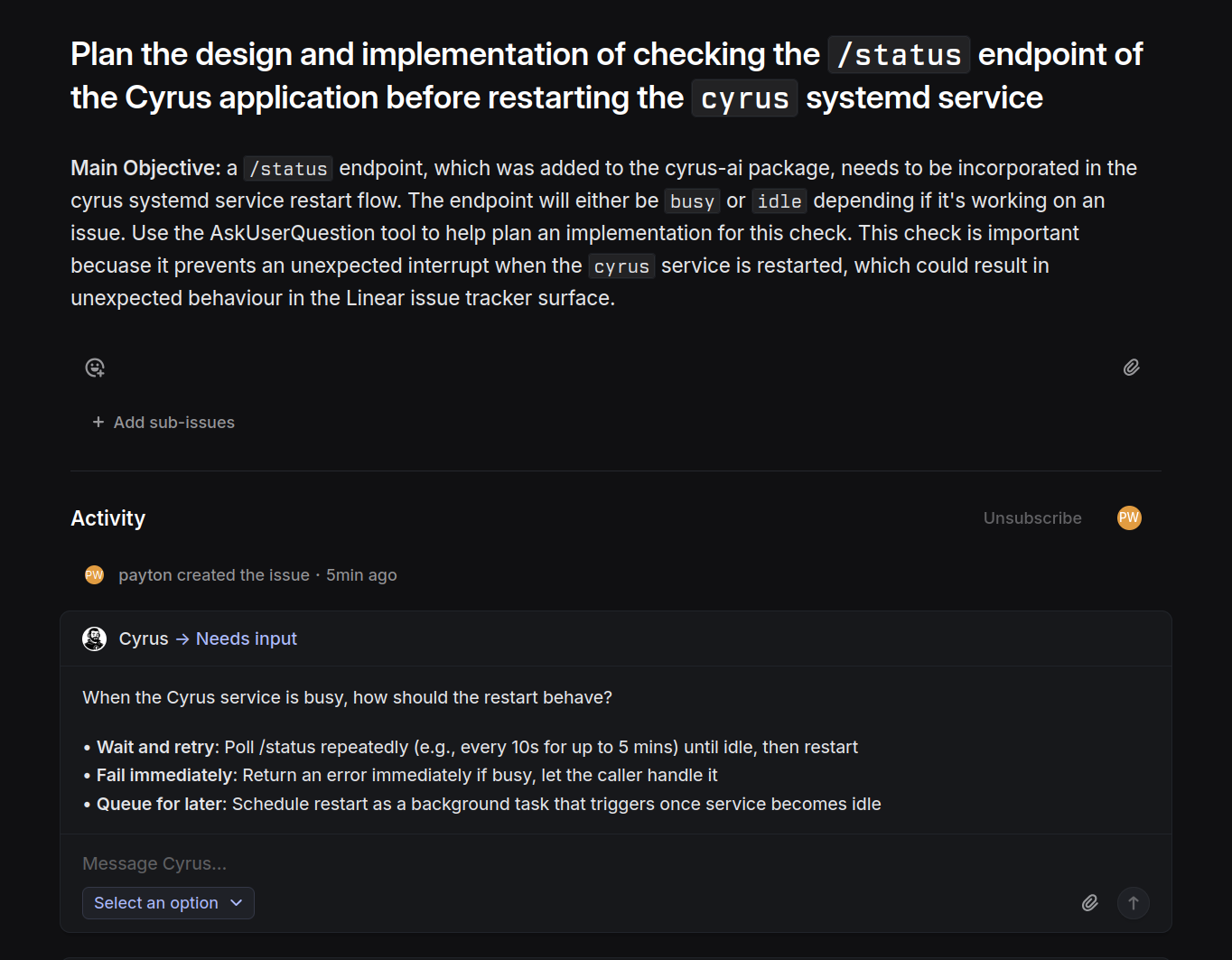 Linear issue showing Cyrus asking a question with multiple choice options