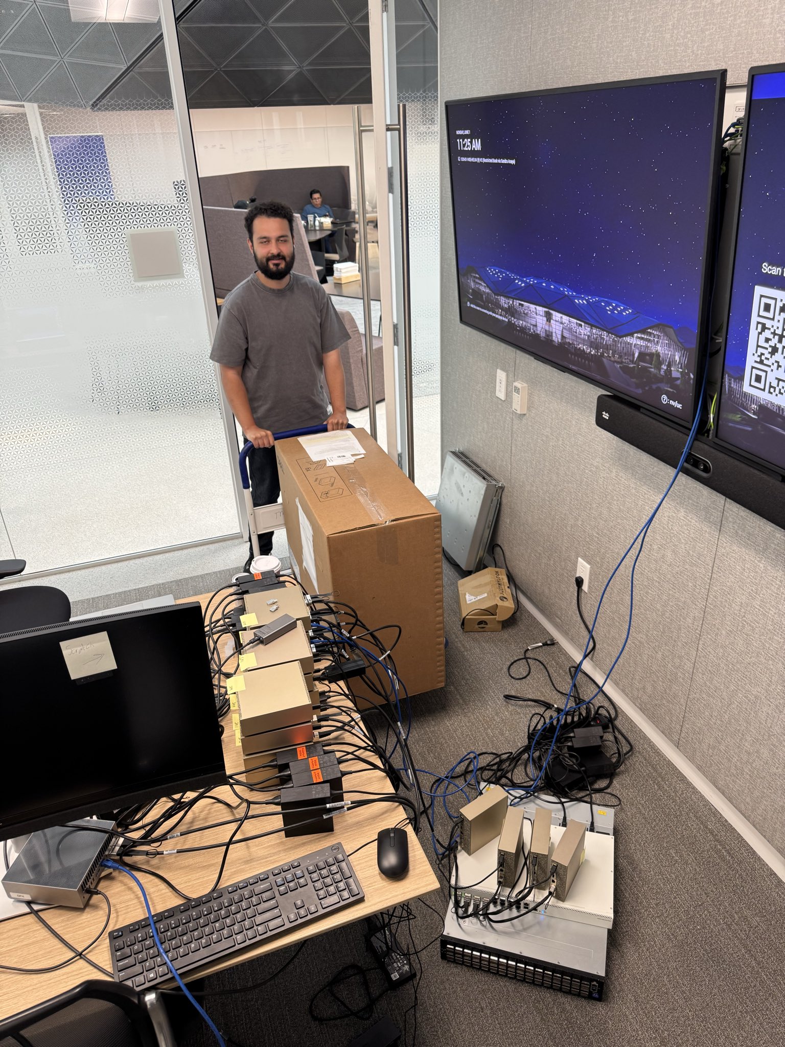 Alex Cheema with local AI hardware from NVIDIA, in a post listing 16 DGX Spark, 3 RTX Spark, 1 DGX Station, ConnectX-7 cables, and switches