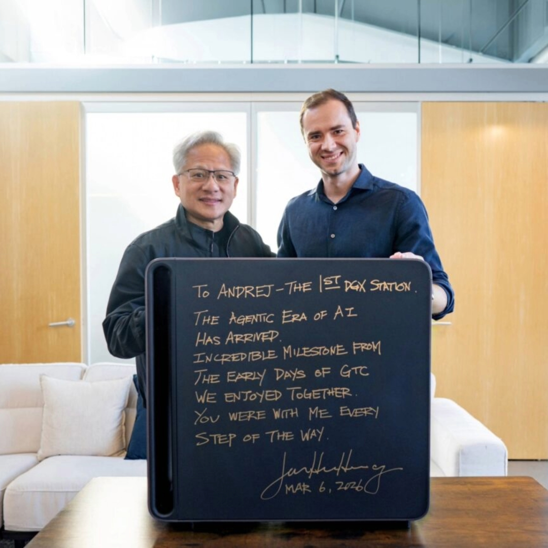 Jensen Huang and Andrej Karpathy with the first DGX Station GB300, described by NVIDIA as a Dell Pro Max with GB300