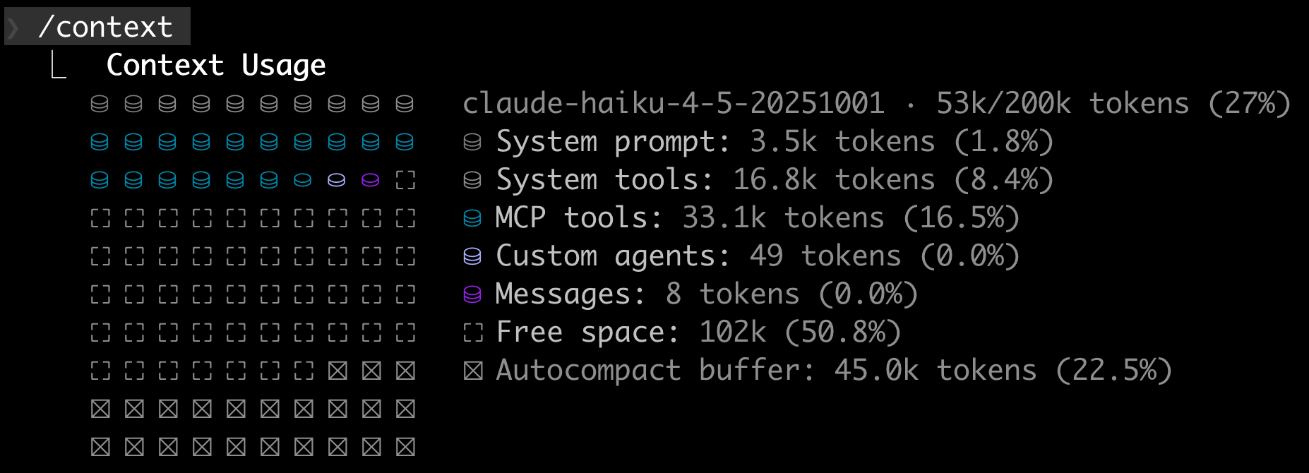 Claude Code /context command showing token breakdown with MCP tools consuming 33.1k tokens (16.5%)