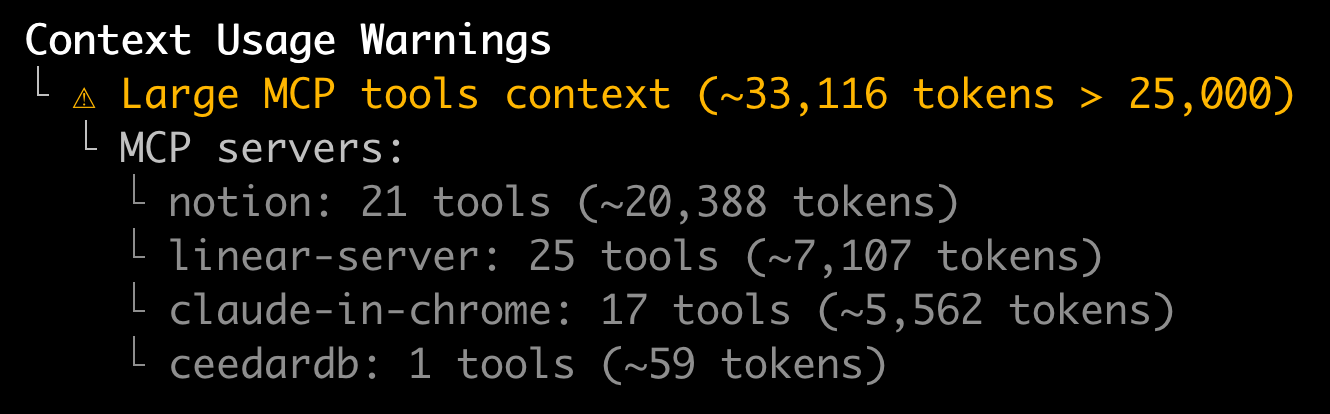 Claude Code /doctor command showing MCP tool context warnings with individual server token counts